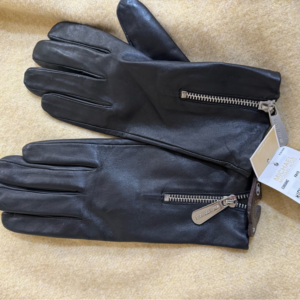 MICHAEL  KORS MK WOMEN'S BLACK LEATHER LINED GLOVES WITH ZIPPER XL
